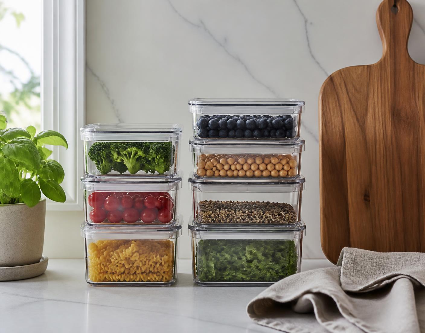 Staplade förvaringsboxar med grönsaker, bär, pasta och gryn på en köksbänk